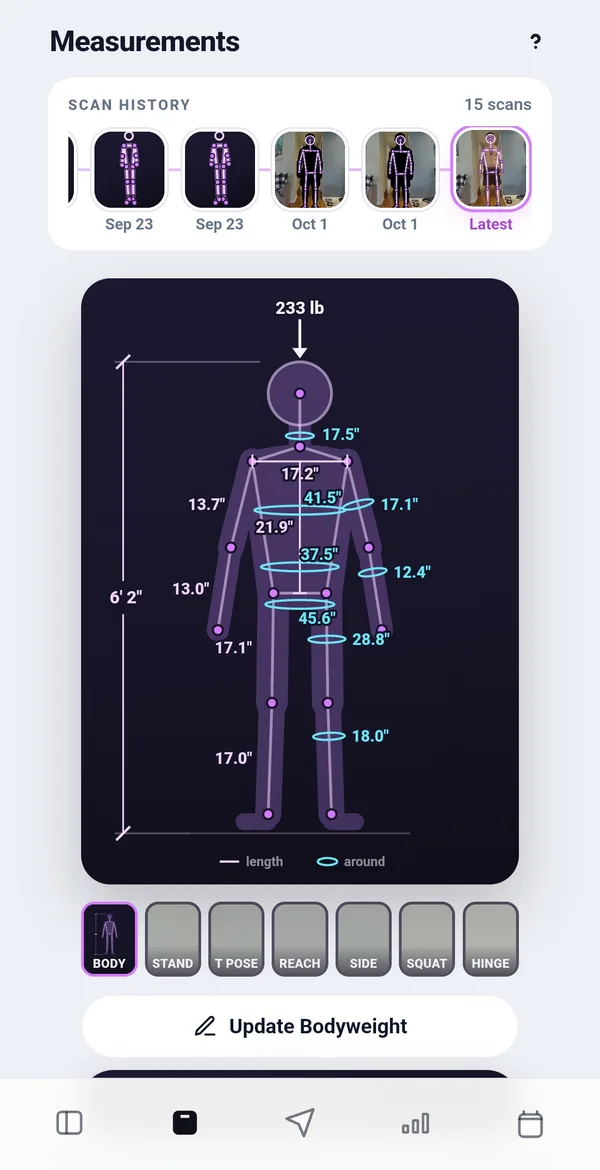 The body scan result in the app: height, weight, limb lengths and girths drawn on a figure